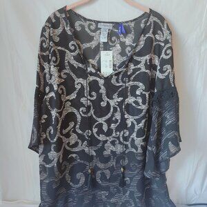 Catherine's Petite Chiffon Blouse with Flowing Sleeves and Tassel String V-Neck